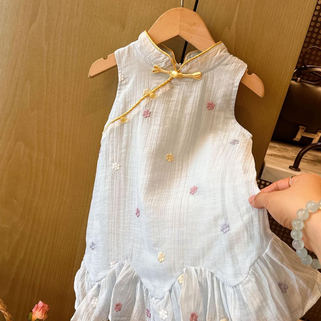 Summer Girls Chinese Embroidered Sleeveless Dress With Ruffles And Frog Buttons Princess Party Dress For Kids