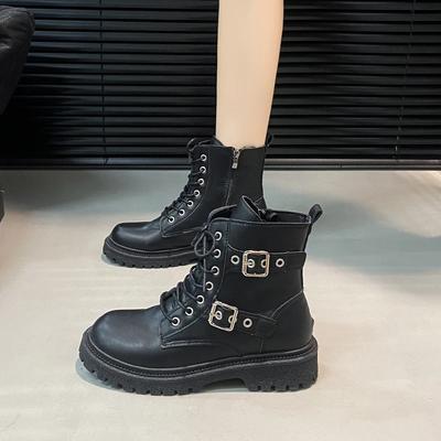 Boots New Round Toe Thick Heel British Style Handsome Boots British Style Metal Buckle Knight Boots For Women