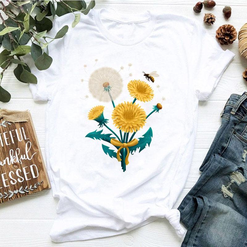 Women's dandelion floral print letter t-shirt - Trendy women's T-shirt with short sleeves Summer polyester fabric