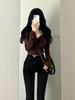 Pure Desire Square Neck Ruched Flare Sleeve Cropped Top - Slimming Long Sleeve for Women, Autumn Winter Trend.