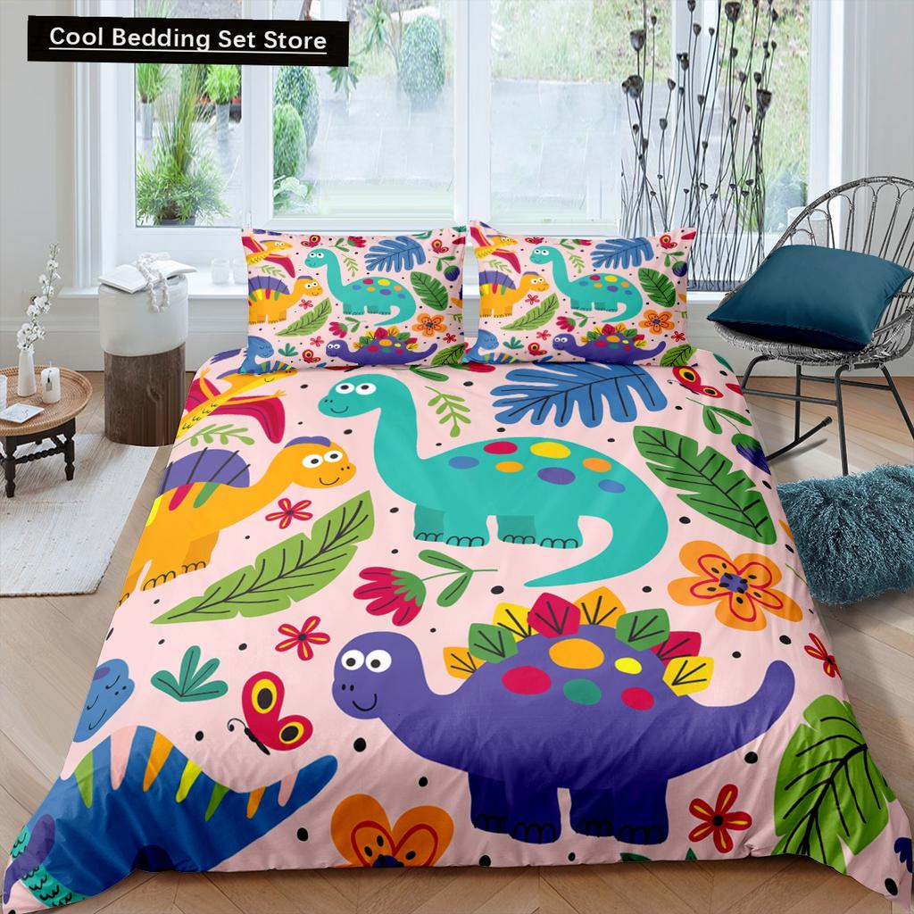 Cartoon Dinosaur Duvet Cover King Queen Kids Jurassic World Stegosaurus Tyrannosaurus Bedding Set 2/3pcs Polyester Quilt Cover