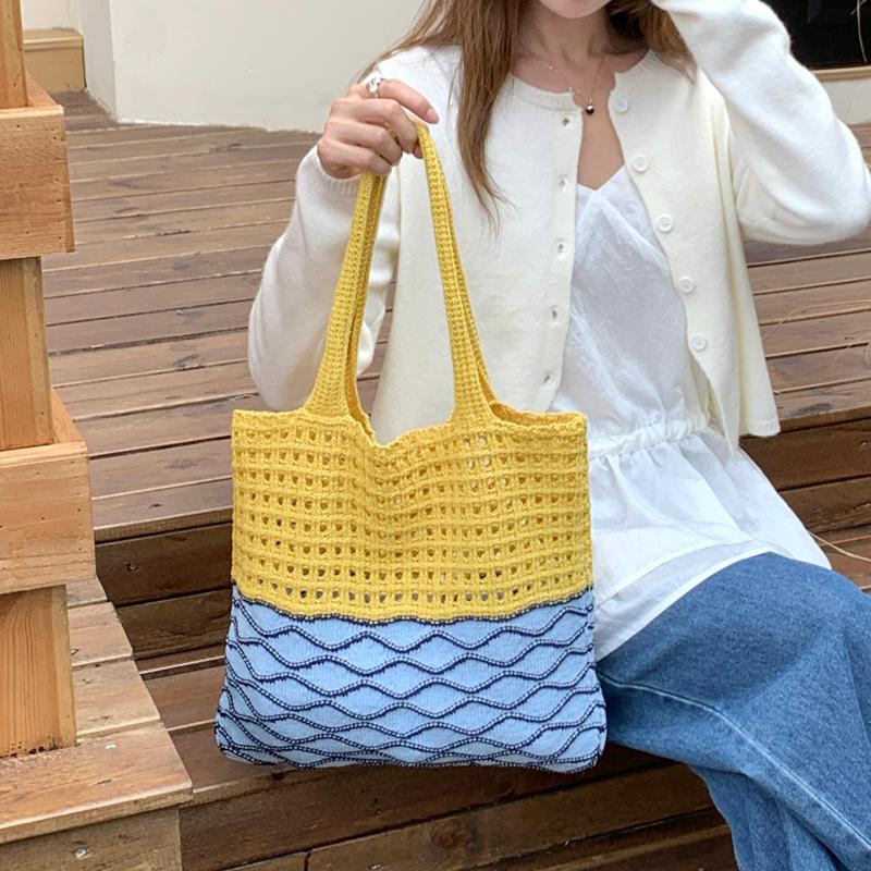 Boho Polyester Knit Shoulder Bag for Women Hollow Out Woven Tote Purse