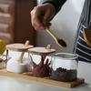 Three-Piece Glass Seasoning Jar Set with Wooden Salt Shaker and Sugar Bowl - Creative Kitchenware