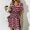 Summer Fashion Women's V Neck Short Sleeve Retro Geometric Pattern Printed  Dress Sex Short Skirt Dresses