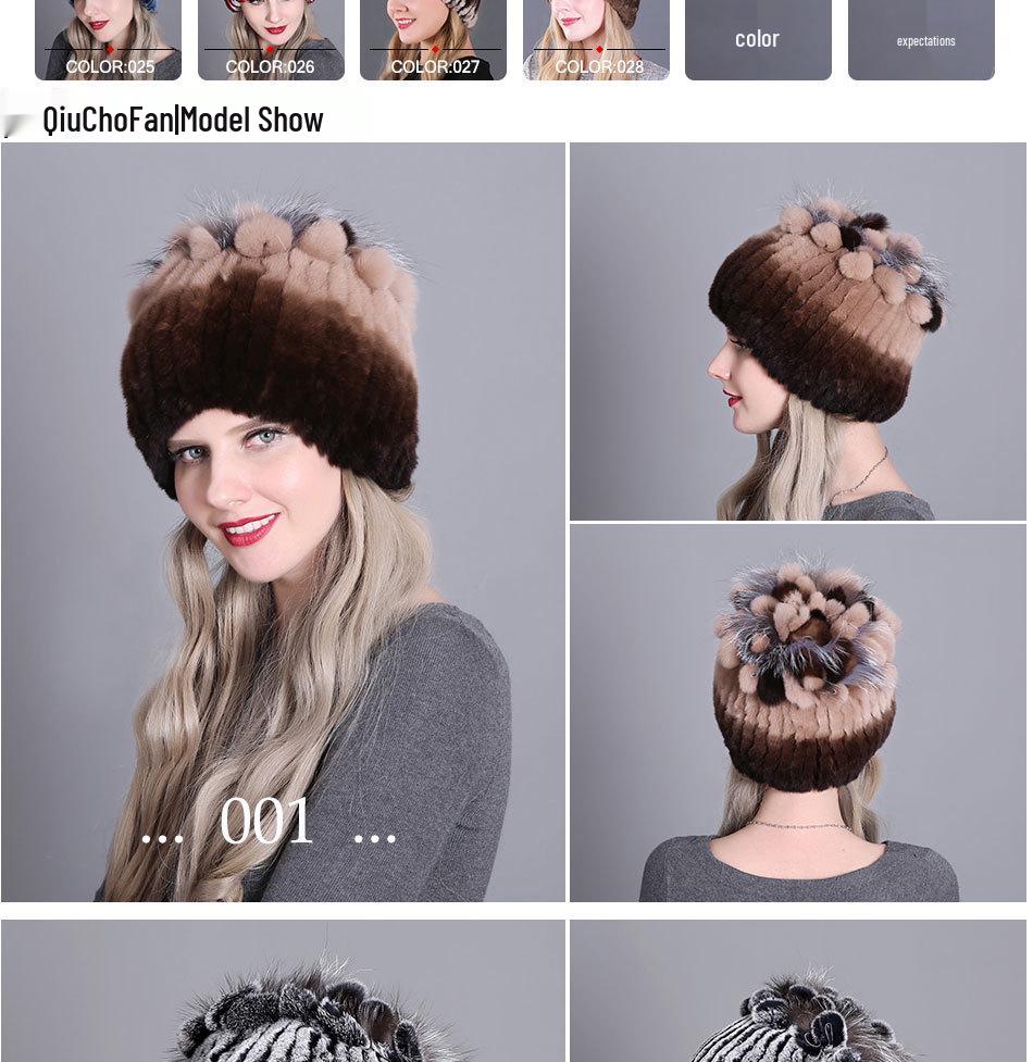 Colorful Rex Rabbit Fur Knitted Women's Warm Winter Hat