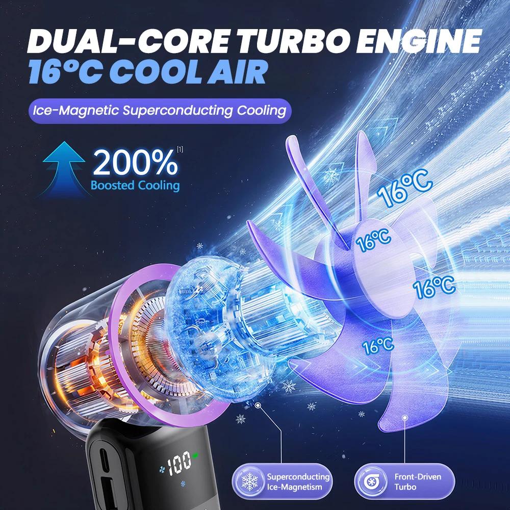 Handheld Mini Ice Compress Turbofan with Lanyard LED Digital Display Quite and High-Speed USB Rechargeable Air Cooling Fans