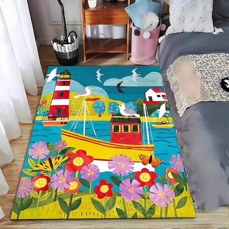 Colorful Coastal Scene Carpet with Seagulls, Flowers, Lighthouse, and Boat Suitable for use as an anti-slip for living room bedroom sofas