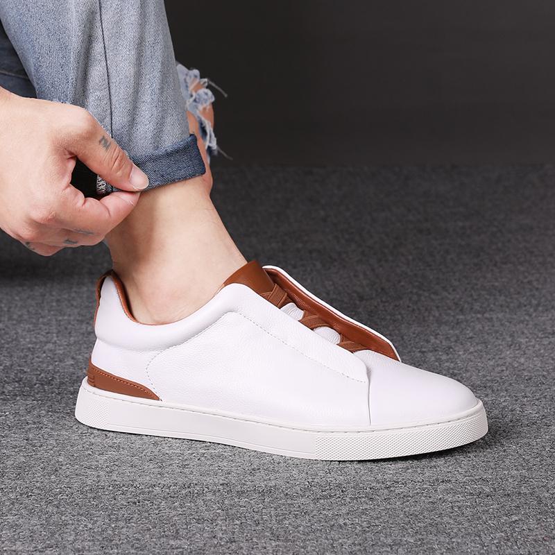 Fashion High Quality Genuine Leather Men's Slip-On Casual White Sneakers Flat Lazy Board Shoes Soft Sole Comfortable Everyday Wear