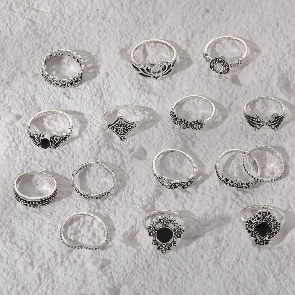 Bohemian Retro Antique Silver Lotus Ring Set for Women - 15 Pieces