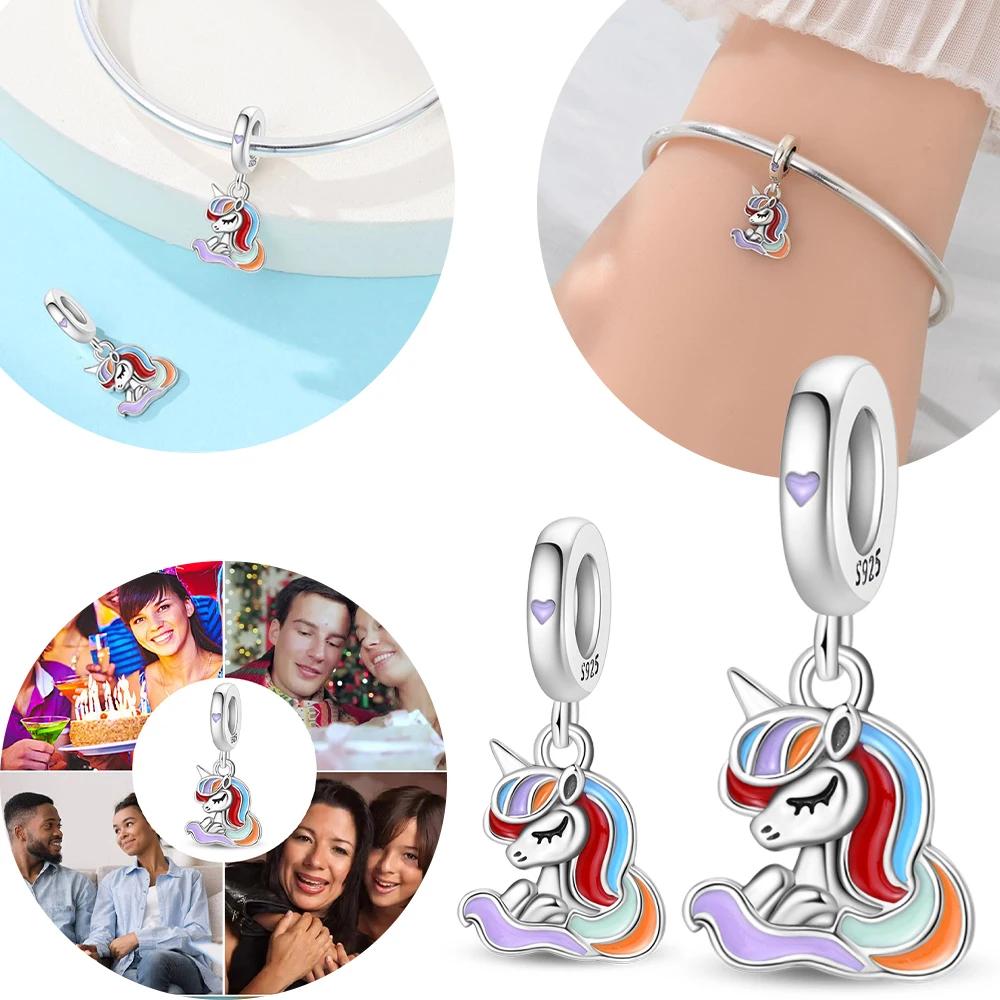 Original Copper Animal Colorful Unicorn Pendant Heart Bead Fit Women Bracelet Diy Girl Jewelry Valentine Fine Gift