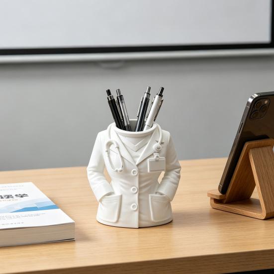 Doctor White Coat Pen Holder with Stethoscope Decoration Creative Desk Organizer for Medical Office Clinic Home Cute Gift for Doctors Nurses