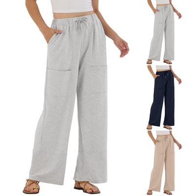 Women Elastic High Waist Pant Casual Fit Wide Leg Long Pants Trousers With Pockets