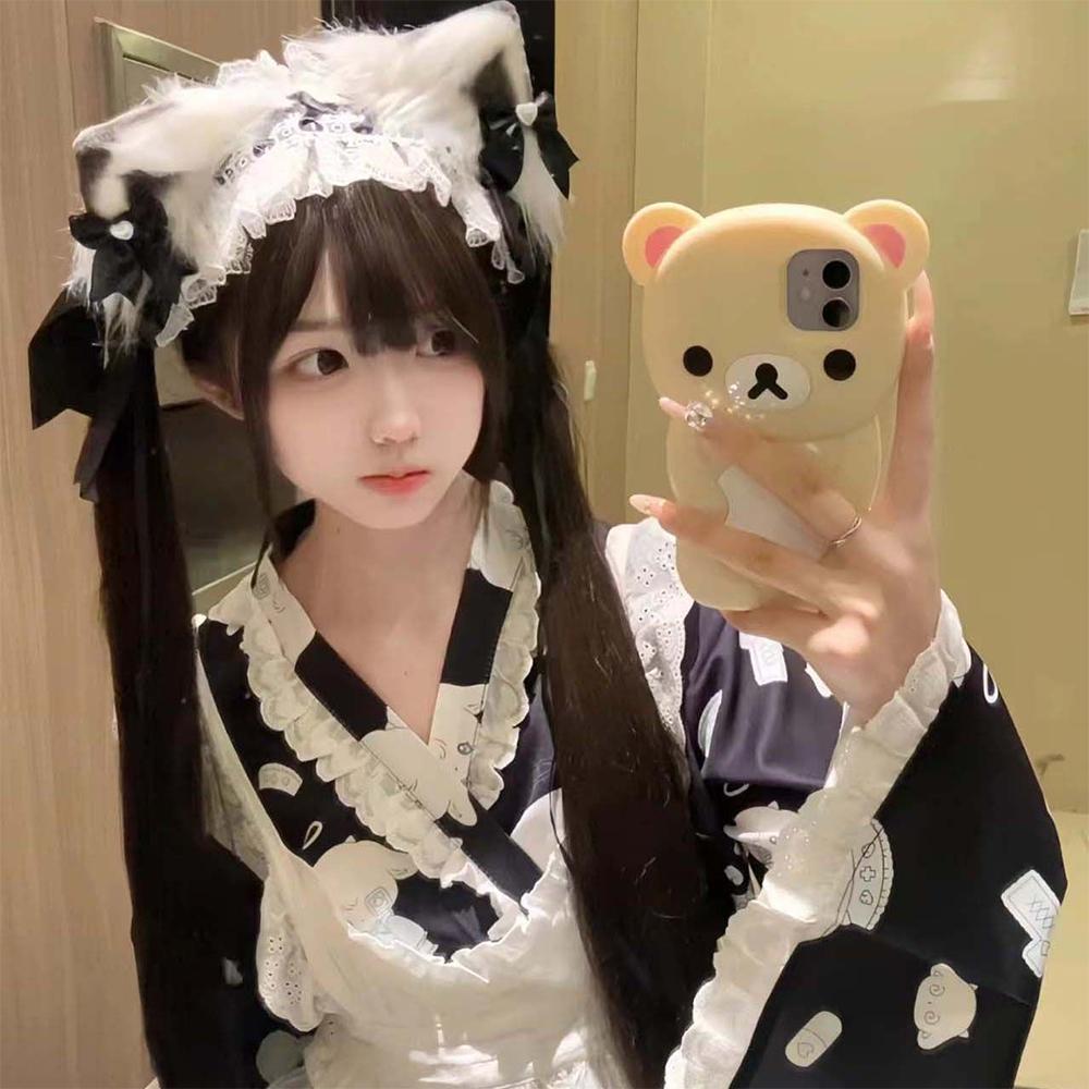 Kawaii Ruffled Headband Ribbon Bow Masquerade Headpiece Sweet Lolita Lace Headband for Women Girls