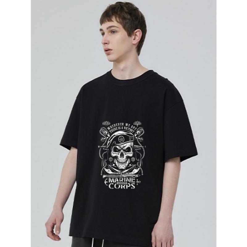 Black T-Shirt with Skull and Marine Corps Print for Casual Wear