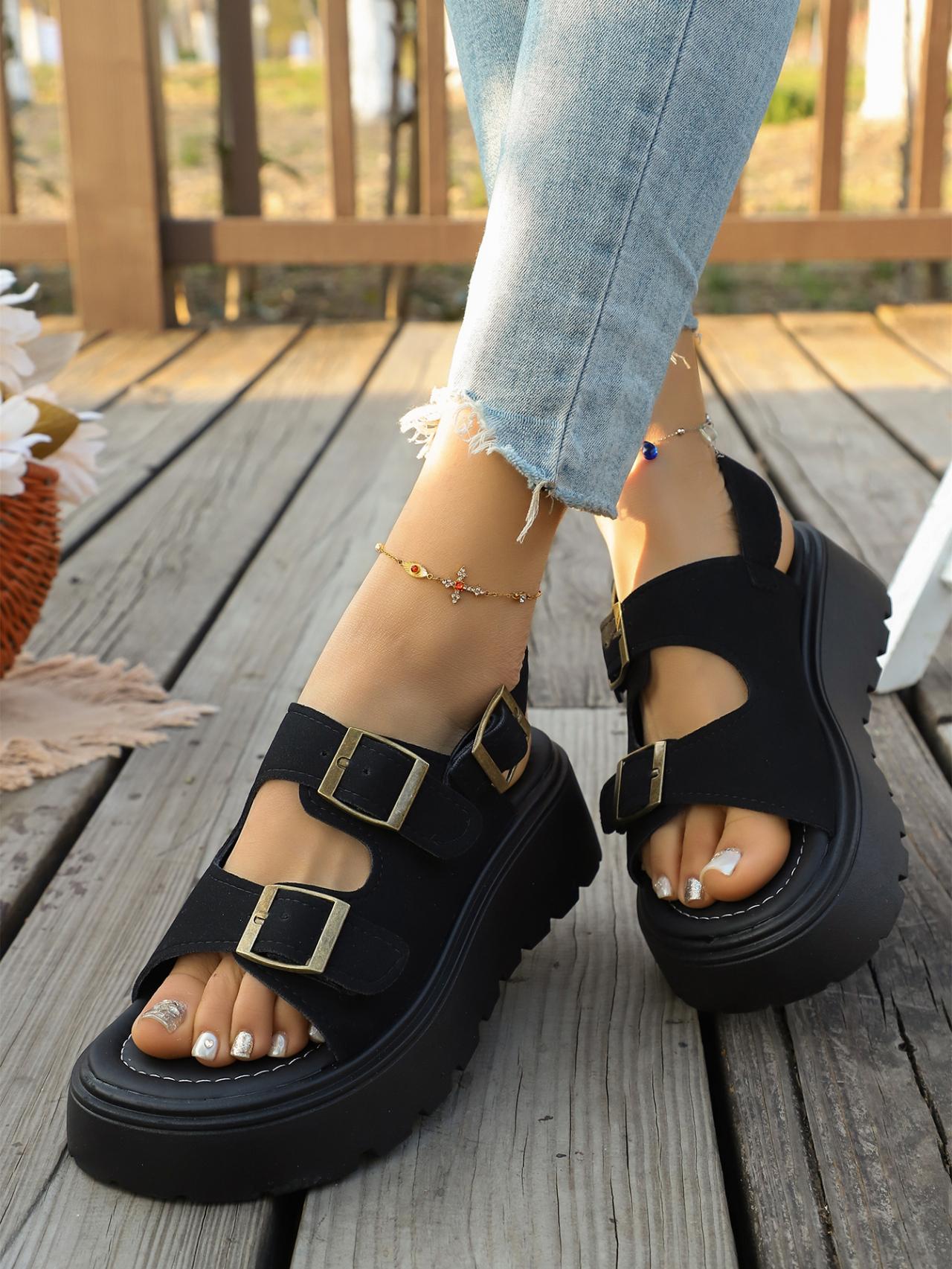 Summer Functional Style Thick-Soled Roman Sandals with Metal Buckle Straps Open-Toe Height-Increasing Women s Casual Sandals 35