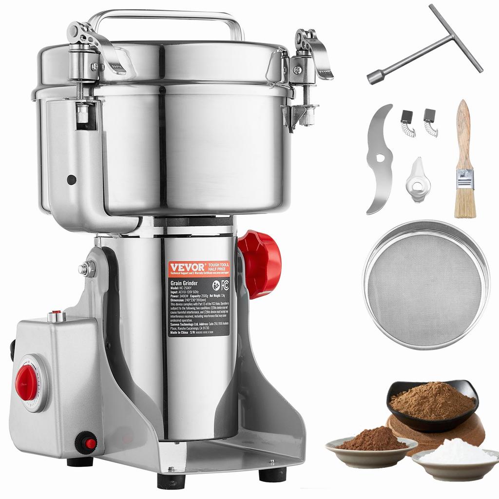 VEVOR 2500g Electric Grain Mill Grinder, High Speed 3400W Commercial Spice Grinders, Stainless Steel Pulverizer Powder Machine