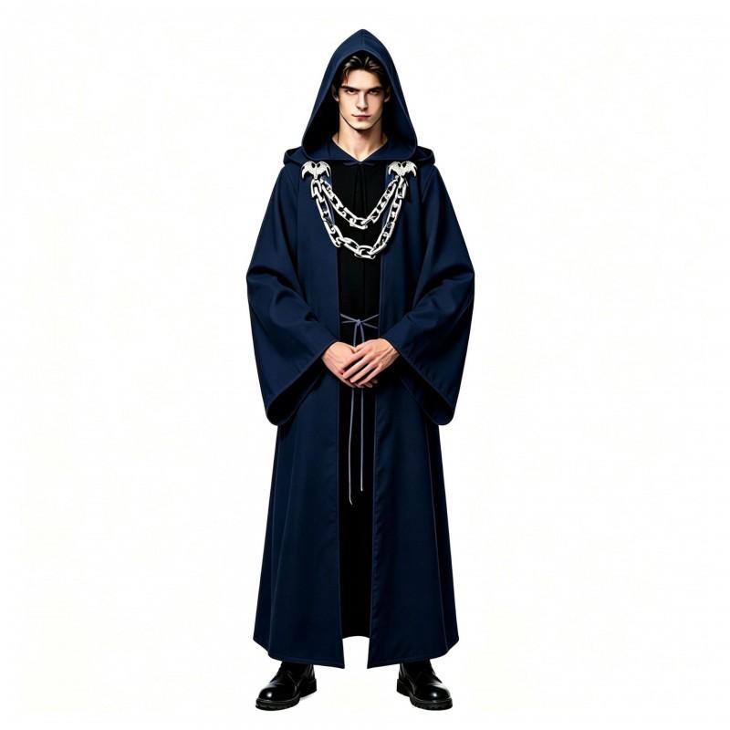 Halloween Gothic Hooded Robe Costume With Chain Detail Medieval Wizard Priest Cosplay Outfit Party