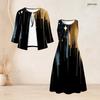 Women Plus Size Black Gold Printed Two Piece Set Bow Tie Neck Three Quarter Sleeve Cardigan Sleeveless Long Dress