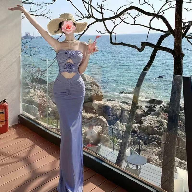 French Niche Halter Style Alluring Low-Cut Mesh Long Dress for Summer Small фиолетовый