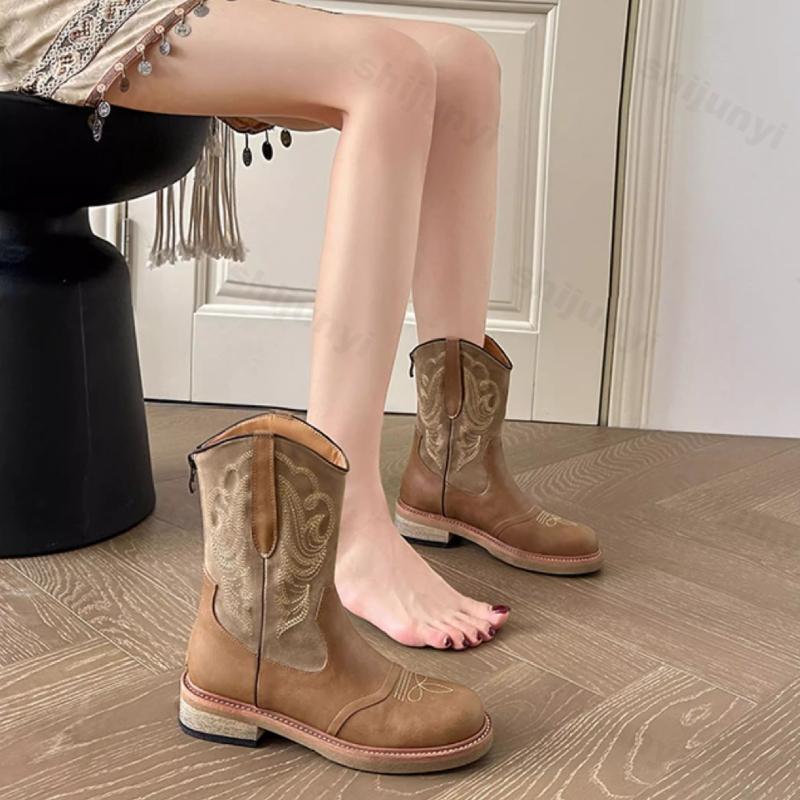 Short Boots Women 2025 Autumn Winter Vintage Embroidery Fashion Cowboy Boots Comfortable Non Slip Wear-resistant Knight Boots