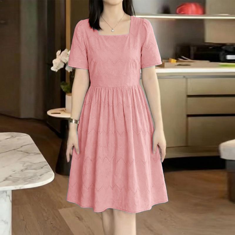 ZANZEA Women Casual Square Collar Short Sleeve Summer Patchwork Crochet Dress S розовый