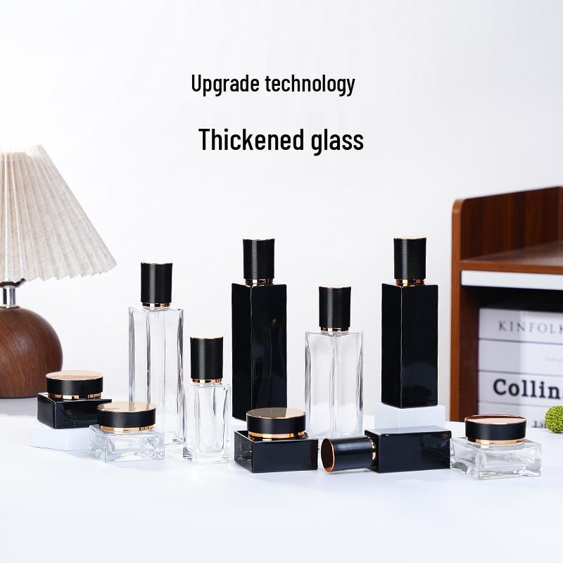 Press-Type Square Glass Skincare Bottle Set - Refillable for Lotion & Travel