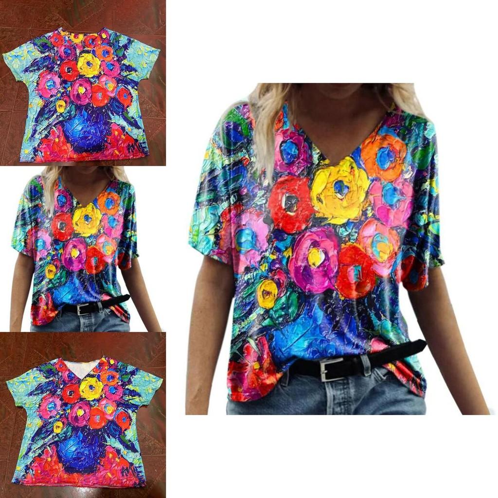 Summer Casual T Shirt With Floral Print And V Neck For Women