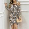 Women Plus Size Asymmetric Cold Shoulder Long Sleeve Yellow White Snake Print Irregular Wrap Bodycon Midi Dress