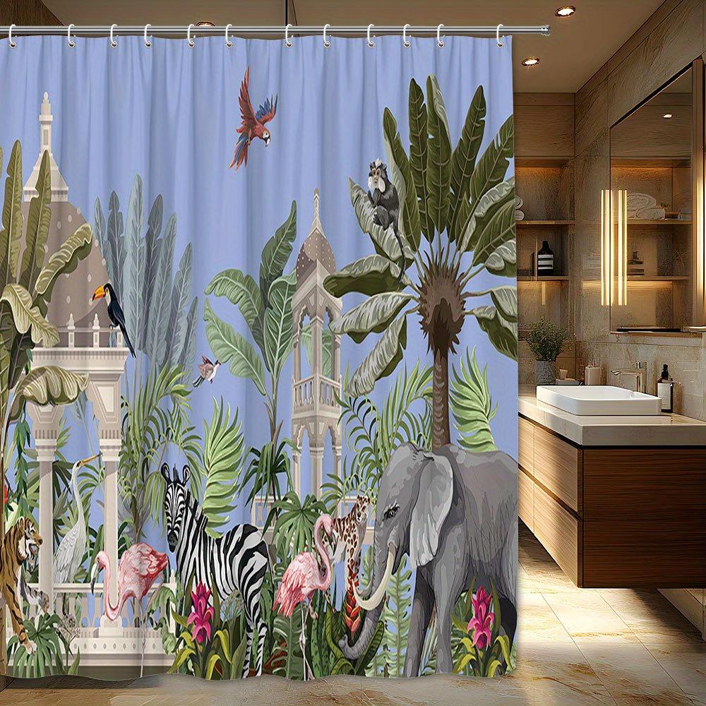 Tropical Jungle Shower Curtain, Elephant & Flamingo, Polyester, 12 Hooks, Machine Washable, Bathroom Decor