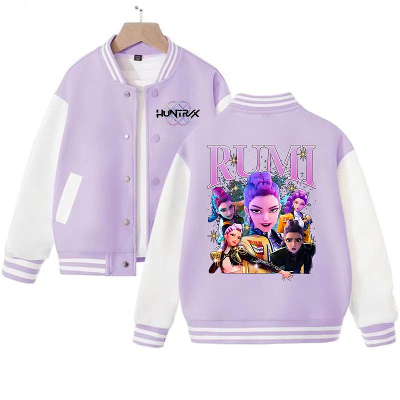 New Casual Jacket, Spring-autumn Jacket Children's Baseball Uniform, K-pop, Devil Hunter Cartoon Print, Cute Girl Sports Shirt