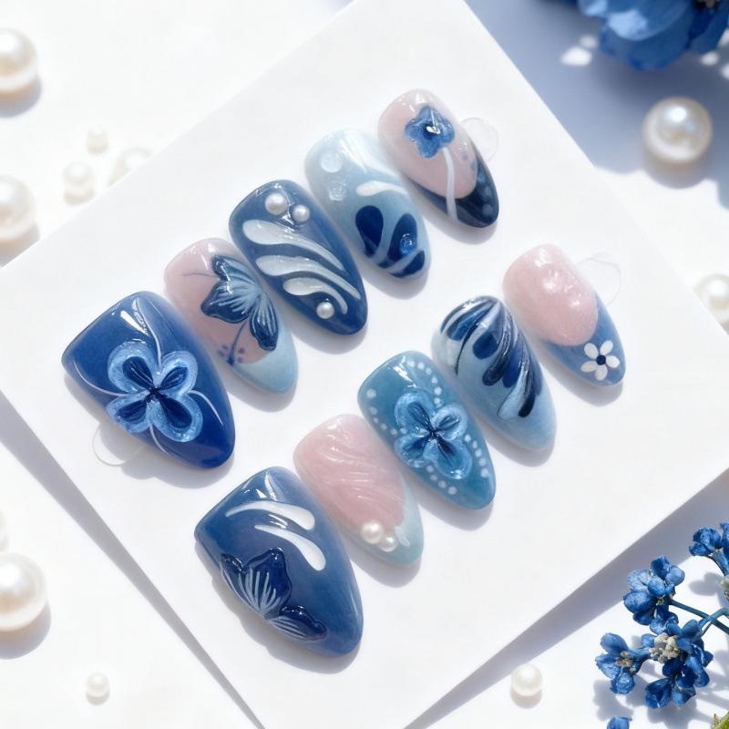 30-Piece High-End Blue Almond Nails with 3D Flowers, Rhinestones, and Water Droplets - French Manicure