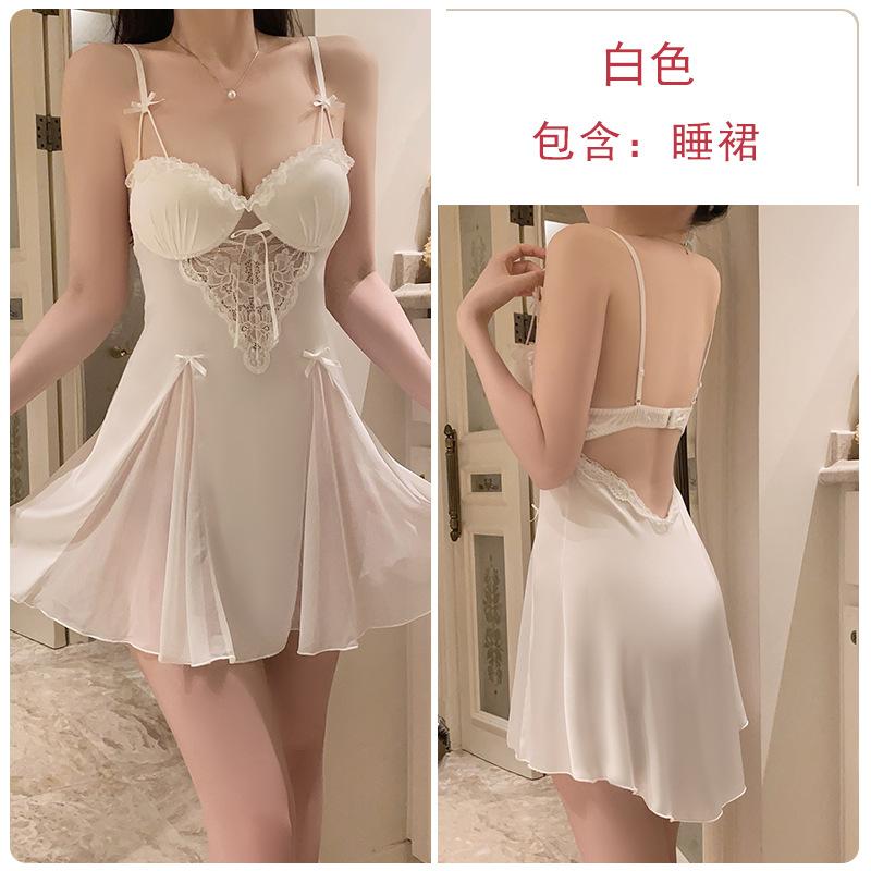 Smooth satin underwear passion hot backless deep V plus chest pad nightdress mesh robe women's suit
