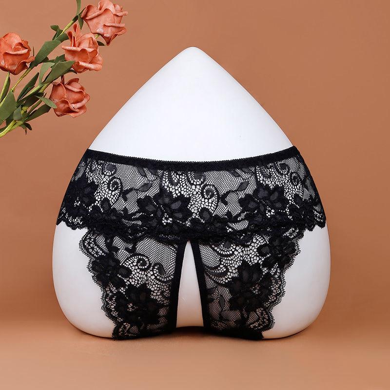 6 Colors Floral Lace Transparent Underpants Women Sexy Open Crotch Insertable Thongs Plus Size Low Waist Underwear Briefs