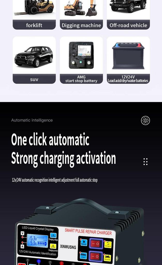 12V/24V Pure Copper Intelligent Pulse Car Battery Charger - Automatic Full Charge & Repair