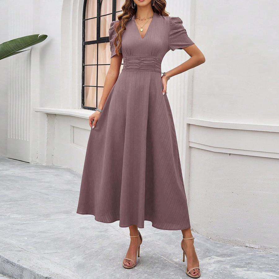 Summer Women's Fashion Chic High Waist Solid Short Sleeve Ruched Dress
