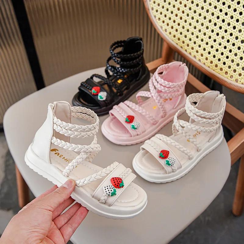 Girls Sandals Summer Cute Strawberry Children Princess Causal Gladiator Sandals Fashion Open-toe Kids Thick Bottom Roman Sandals
