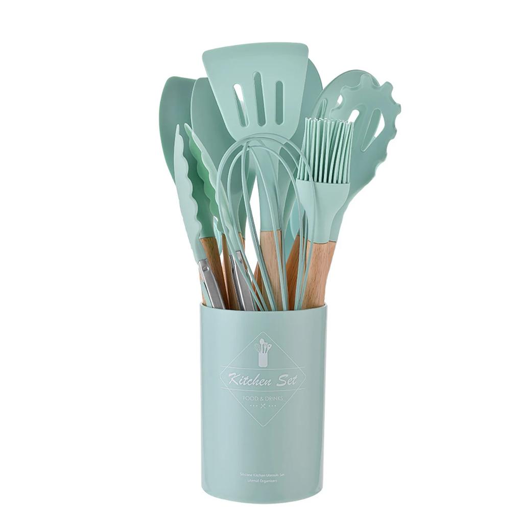 12Pcs/Set Utensílios de cozinha de silicone com alça de madeira balde resistente a altas temperaturas e antiaderente panela espátula colher