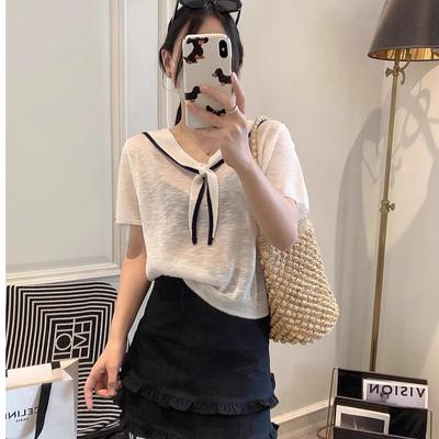 Knitted Short-sleeved Women's Summer Fashion Navy Collar Slimming Top T-shirt