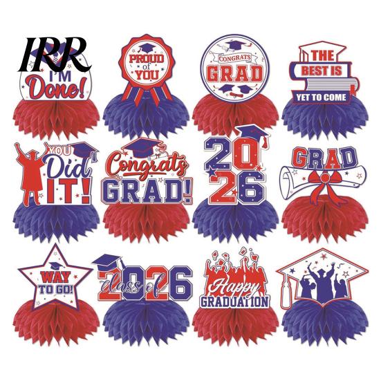 Waterproof Graduation Decorations 12Pcs 2026 Honeycomb Decor 3D Centerpieces for Commencement Party Red & Stars And Badges Black Theme