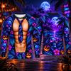 Halloween Pumpkin T Shirt Men 3D Muscle Body Print Long Sleeve Moon Night Tropical Palm Tree Beach Party Funny Costume Shirt