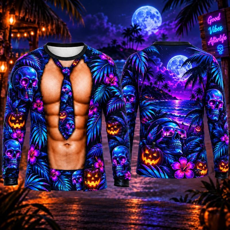 Halloween Pumpkin T Shirt Men 3D Muscle Body Print Long Sleeve Moon Night Tropical Palm Tree Beach Party Funny Costume Shirt