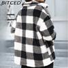 BITCED Women's Plaid Fleece Jacket with Patch Pockets Versatile Long-Sleeve Winter Fashion Casual Coat