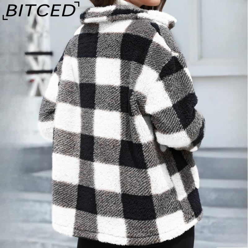 BITCED Women's Plaid Fleece Jacket with Patch Pockets Versatile Long-Sleeve Winter Fashion Casual Coat