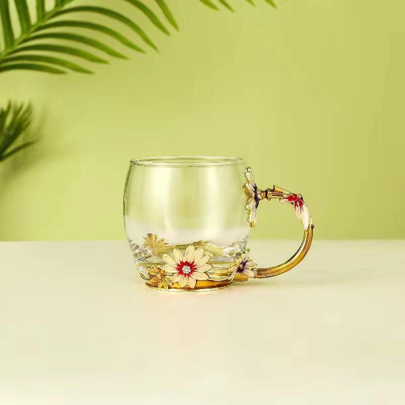 Chrysanthemum Enamel Glass Tea Cup - Lead-Free Crystal Coffee Cup Gift 301-400ml