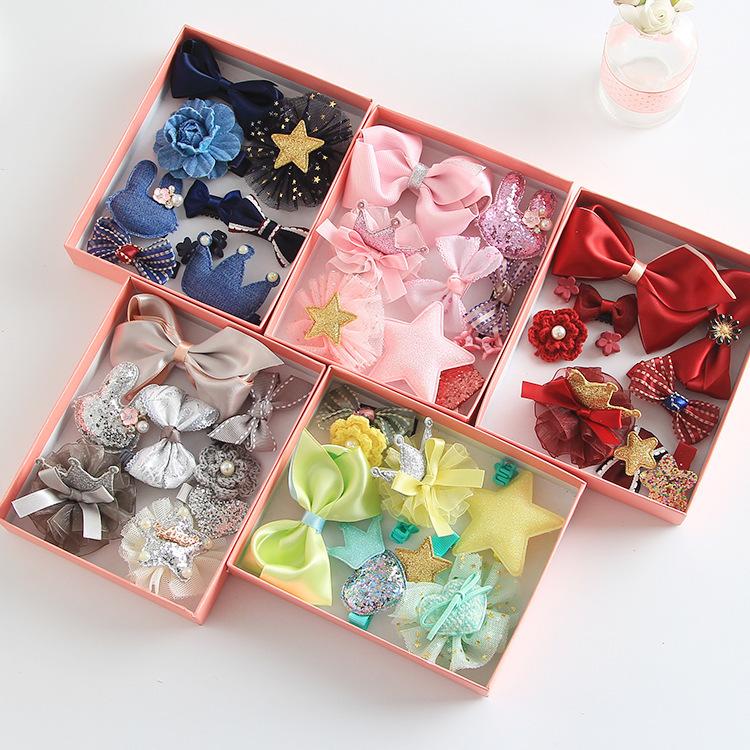 10PCS/Set Cloth Art Hair Ties Hair Clips Headband Girls Kids Hair Accessories Gift Box HairPin Set Baby Cartoon Headwear
