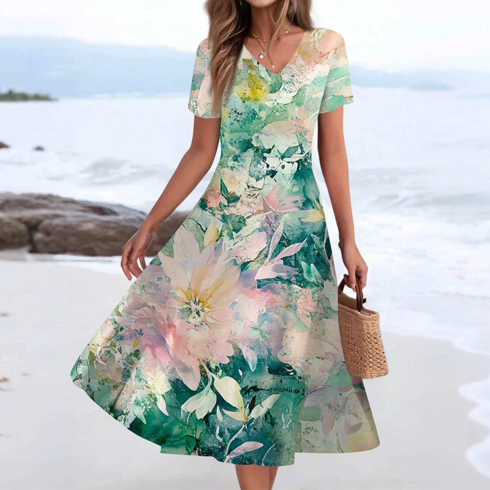 

Женское летнее повседневное модное платье с принтом и карманом, коротким рукавом и V-образным вырезом XL зелёный