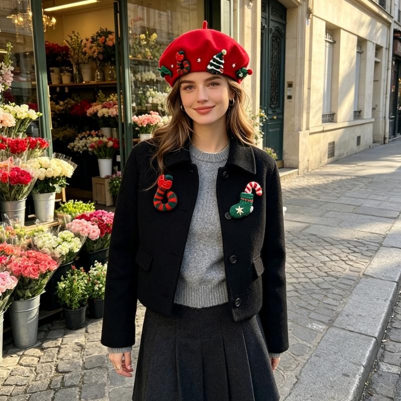 Christmas Beret Hat for Women and Girl, Brimless, Soft Warm Painters Hat, Headwear for Festival, Holiday Photoshoots and Seasonal Party Decoration