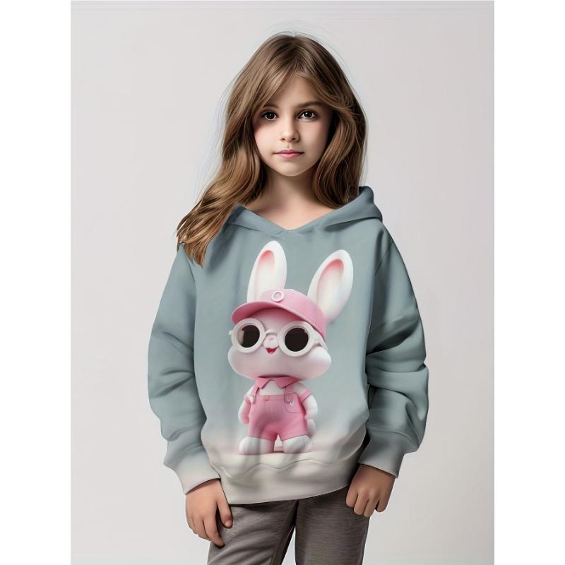 Child Hoodies Trendy Girls Cartoon Bunny Print Pullover Hooded Sweatshirt Street Fashion Tops Long Sleeve Children's Sweatshirt