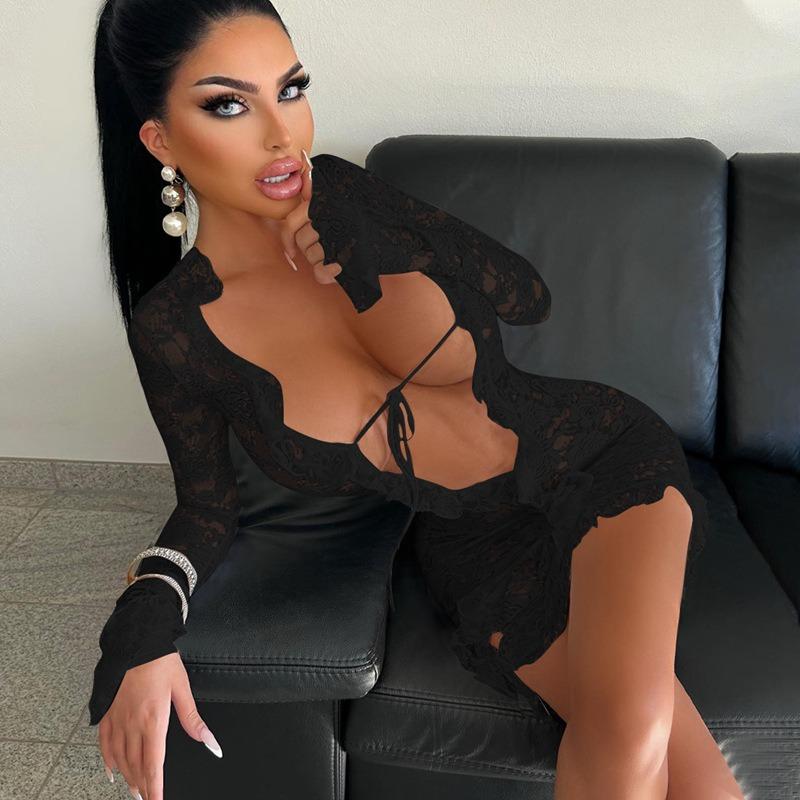 Women Solid Color Long Sleeve Sexy Lace Sheer Deep V High Waist Bodycon Mini Dress