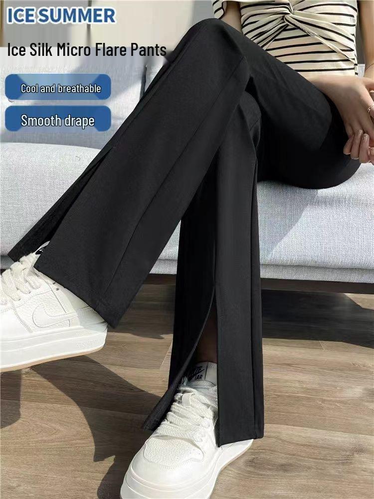 Women's High Waist Flared Black Pants - Slimming, Elastic, Split Hem, Casual - Small Size for Petite Figures, Summer Wear